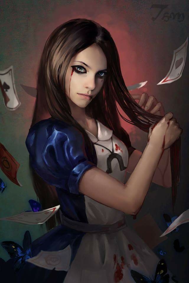 1girl alice:_madness_returns alice_(alice_in_wonderland) american_mcgee's_alice apron black_hair blood blue_eyes breasts card closed_mouth commentary cubi767 dress jewelry jupiter_symbol long_hair looking_at_viewer necklace solo