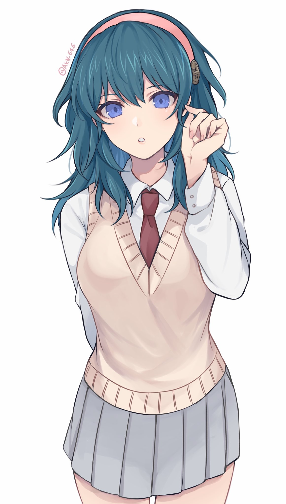 1girl alternate_costume bangs banned_artist blue_eyes blue_hair breasts byleth_(fire_emblem) byleth_eisner_(female) commentary_request contemporary cowboy_shot fire_emblem fire_emblem:_three_houses grey_skirt hairband hand_up highres long_hair long_sleeves looking_at_viewer medium_breasts miniskirt necktie parted_lips pink_hairband pleated_skirt red_neckwear school_uniform shimizu_akina shirt skirt solo standing sweater_vest white_shirt