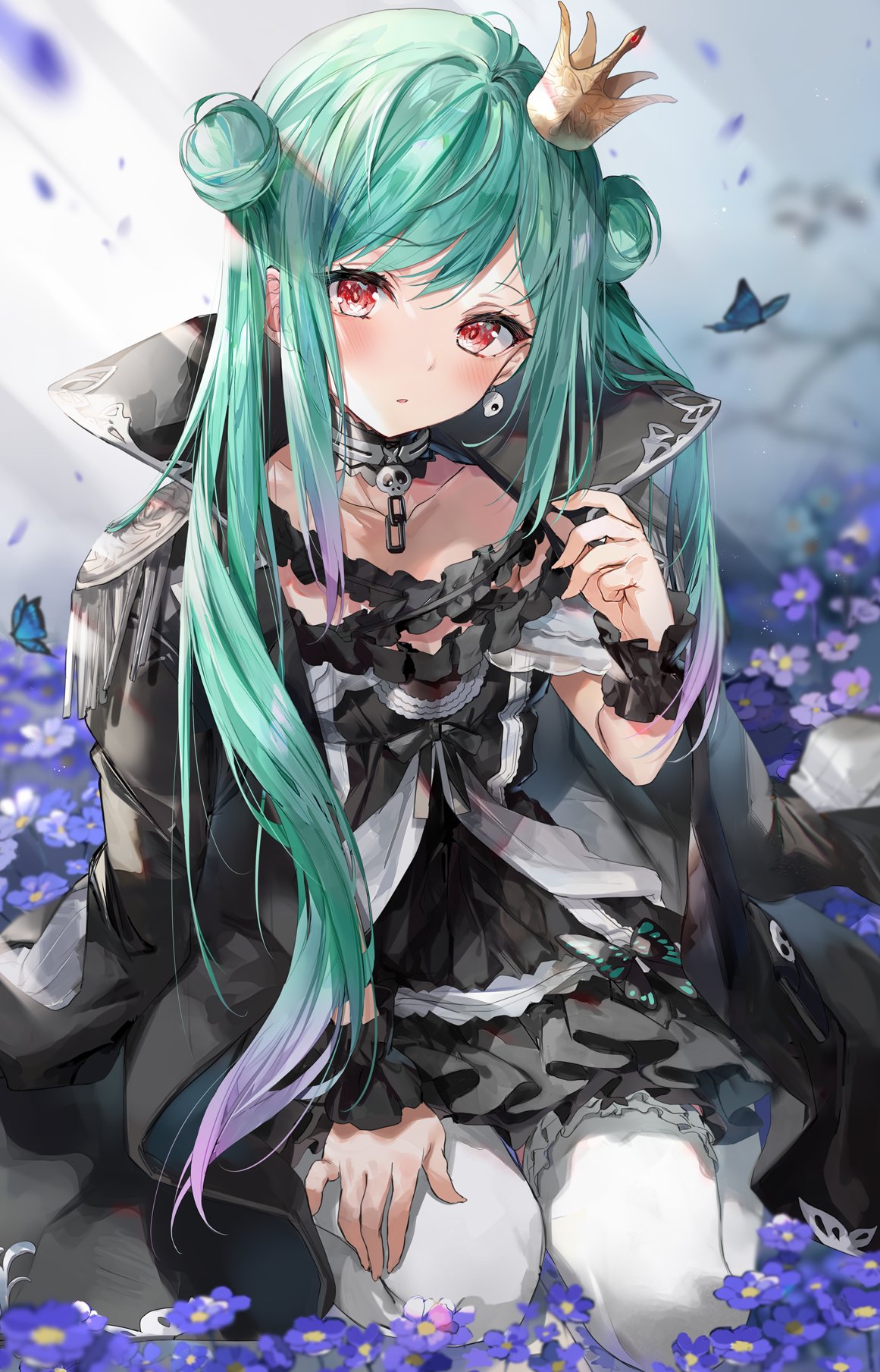 1girl black_choker black_skirt bug butterfly choker collarbone commentary_request crown double_bun earrings flower gradient_hair green_hair highres hinahino hololive insect jewelry long_hair looking_at_viewer mini_crown multicolored_hair pink_hair red_eyes sitting skirt skull_earrings solo uruha_rushia virtual_youtuber white_legwear wrist_cuffs