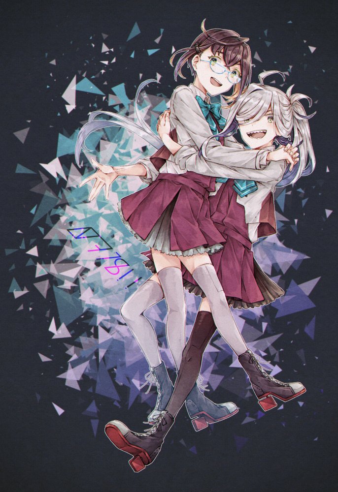 2girls ahoge asashimo_(kancolle) bangs black_footwear blue_hair blue_neckwear boots bow bowtie brown_hair cross-laced_footwear dress glasses green_eyes grey_legwear hair_over_one_eye hug jacket kantai_collection lace-up_boots long_hair miroku_san-ju multicolored_hair multiple_girls okinami_(kancolle) open_mouth ponytail purple_dress rudder_footwear sharp_teeth shirt short_hair silver_hair simple_background teeth thigh-highs two-tone_hair white_shirt