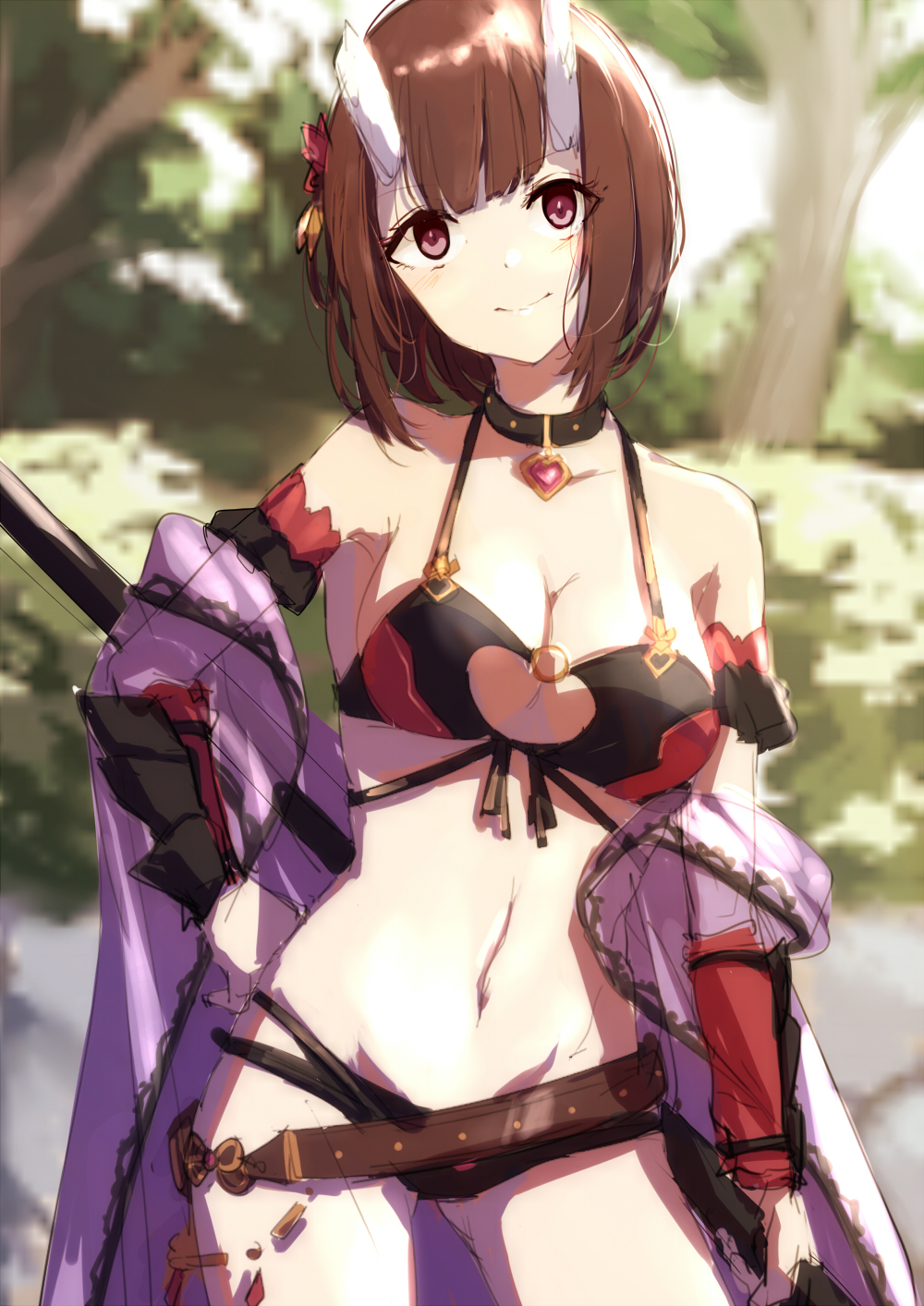 1girl bikini black_bikini bob_cut breasts broken_horn brown_hair closed_mouth collarbone eriko_(princess_connect!) forest hand_on_hip highres horns looking_at_viewer medium_breasts momiji_oroshi nature navel princess_connect! short_hair sketch smile solo swimsuit violet_eyes