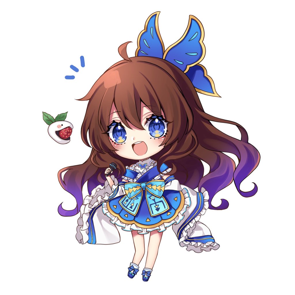 1girl bangs blue_bow blue_dress blue_eyes blue_footwear blush bow brown_hair bug butterfly butterfly_hair_ornament butterfly_wings chibi detached_sleeves dress eyebrows_visible_through_hair food frills fruit full_body hair_between_eyes hair_ornament hand_up insect kyouda_suzuka long_sleeves looking_at_viewer microphone open_mouth original shoes simple_background smile socks solo standing strawberry white_background white_legwear white_sleeves wide_sleeves wings