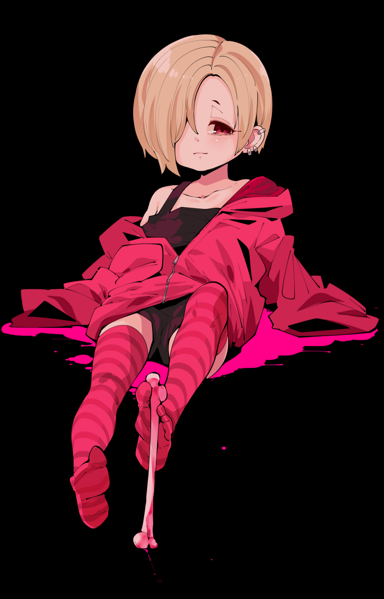 1girl black_background black_camisole blonde_hair blood blush bone camisole closed_mouth ear_piercing earrings hair_over_one_eye highres hood hood_down hoodie idolmaster idolmaster_cinderella_girls jewelry long_sleeves looking_at_viewer one_eye_covered piercing pink_blood pink_hoodie pink_legwear red_eyes shirasaka_koume short_hair simple_background smile solo striped striped_legwear takato_kurosuke thigh-highs