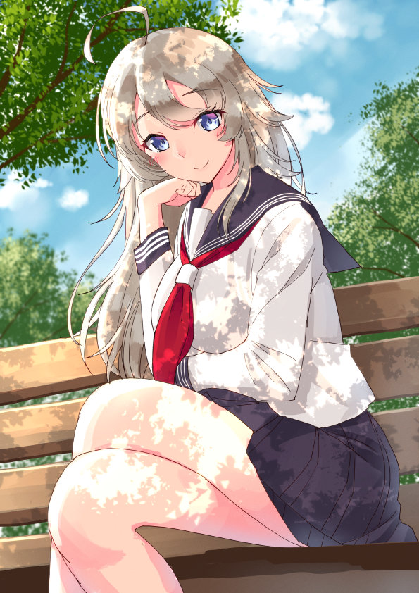 1girl ahoge alternate_costume black_sailor_collar black_skirt blue_sky clouds commentary_request crossed_legs dappled_sunlight day dress grey_eyes hand_on_own_face kantai_collection long_hair mayura2002 neckerchief outdoors pleated_dress red_neckwear sailor_collar school_uniform serafuku silver_hair sitting skirt sky solo sunlight washington_(kancolle)