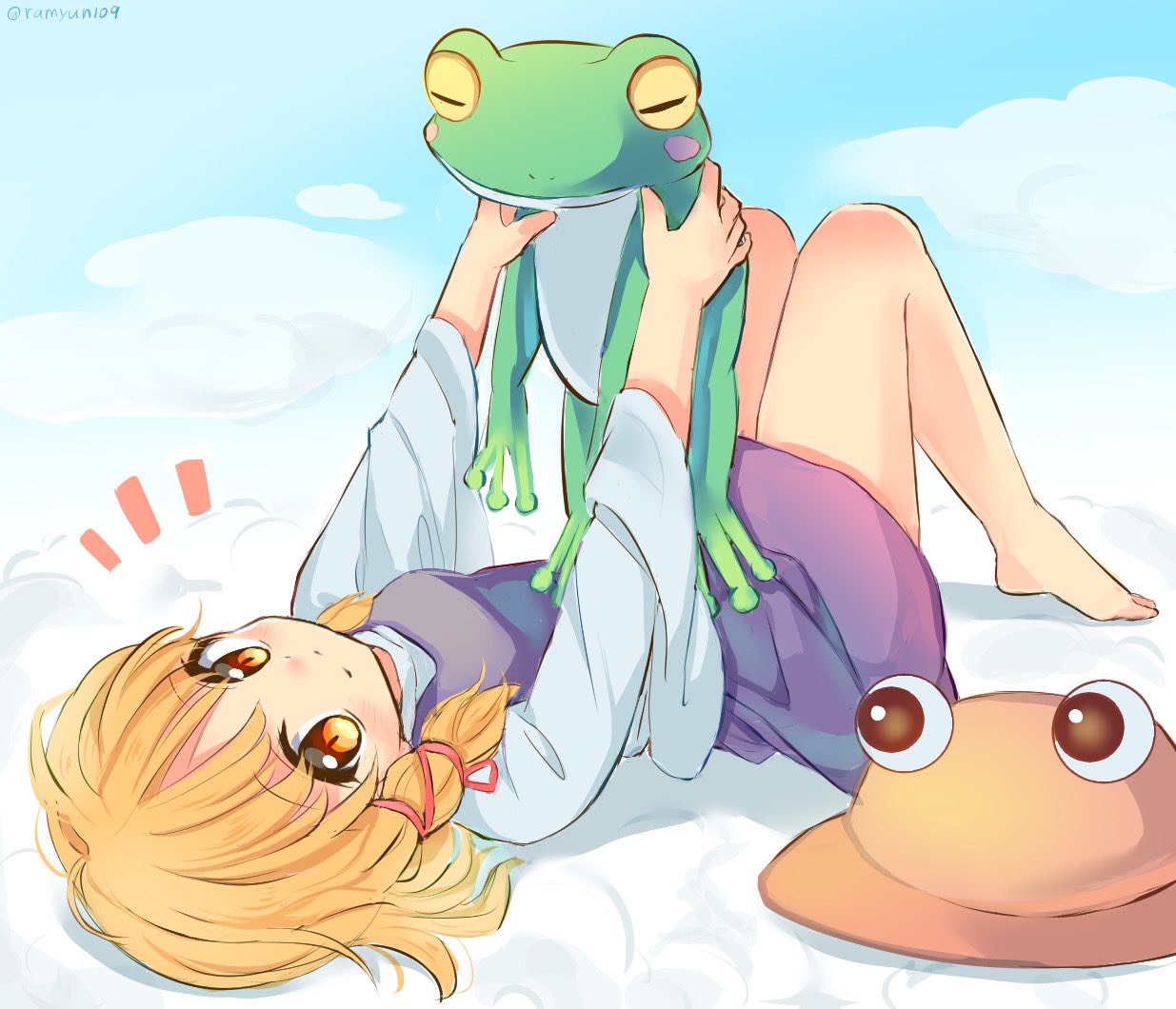 1girl bangs barefoot blonde_hair blue_sky brown_headwear closed_mouth clouds eyebrows_visible_through_hair frog headwear_removed holding knees_up long_sleeves looking_at_viewer lying moriya_suwako on_back outdoors purple_skirt purple_vest ramudia_(lamyun) shirt short_hair sidelocks skirt sky touhou twitter_username vest white_shirt wide_sleeves yellow_eyes