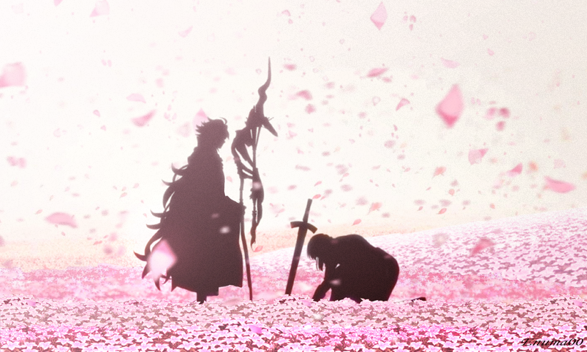 2boys aora backlighting bedivere_(fate) excalibur_(fate/stay_night) fate/grand_order fate_(series) field flower flower_field kneeling knight long_hair merlin_(fate) multiple_boys petals silhouette sword weapon yellow_sky