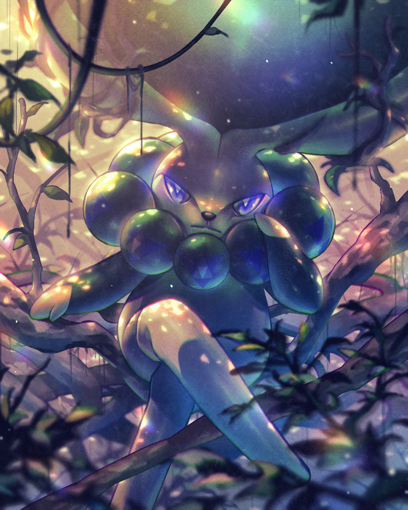 8686island arm_support blurry bright_pupils calyrex closed_mouth commentary_request crossed_legs day gen_8_pokemon hand_up legendary_pokemon looking_at_viewer outdoors plant pokemon pokemon_(creature) sitting solo tree_branch vines violet_eyes white_pupils