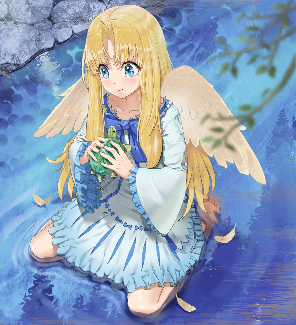 1girl angel_wings animal bangs barefoot blonde_hair blue_dress blue_eyes blurry blurry_foreground closed_mouth collarbone dress eyebrows_visible_through_hair feathered_wings feathers firo_(tate_no_yuusha_no_nariagari) frilled_sleeves frills from_above from_below full_body hair_between_eyes hair_intakes holding holding_animal long_hair long_sleeves shiny shiny_hair short_dress sitting smile soles solo switchel tate_no_yuusha_no_nariagari turtle very_long_hair wariza water white_wings wings