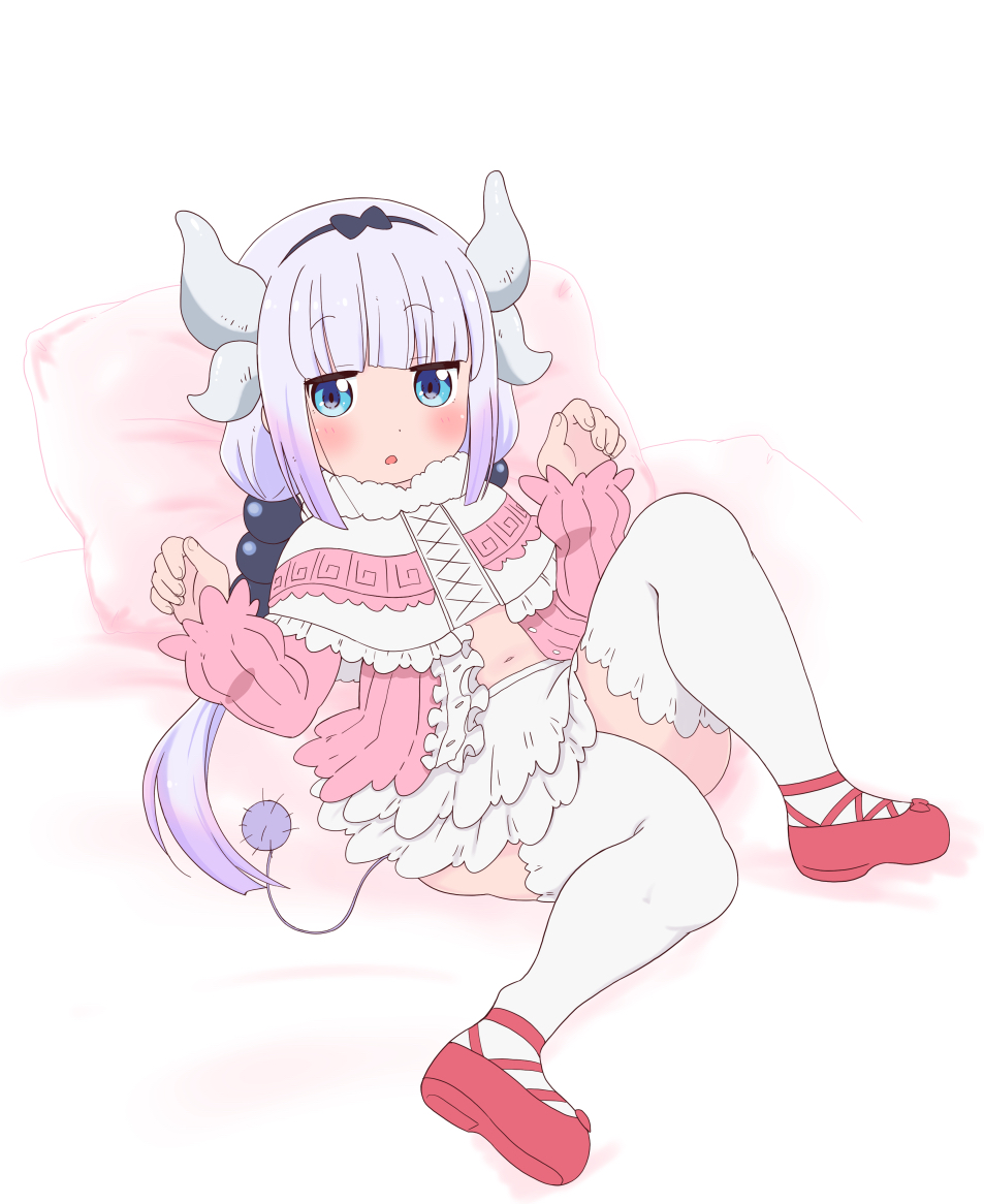 1girl bangs beads blue_eyes blunt_bangs blush capelet dragon_girl dragon_horns dress eyebrows_visible_through_hair hair_beads hair_ornament hairband horns kanna_kamui kobayashi-san_chi_no_maidragon light_purple_hair long_hair looking_at_viewer low_twintails lying navel on_back open_mouth pillow pink_hair shirakawa_mayumi solo tail thigh-highs twintails white_legwear