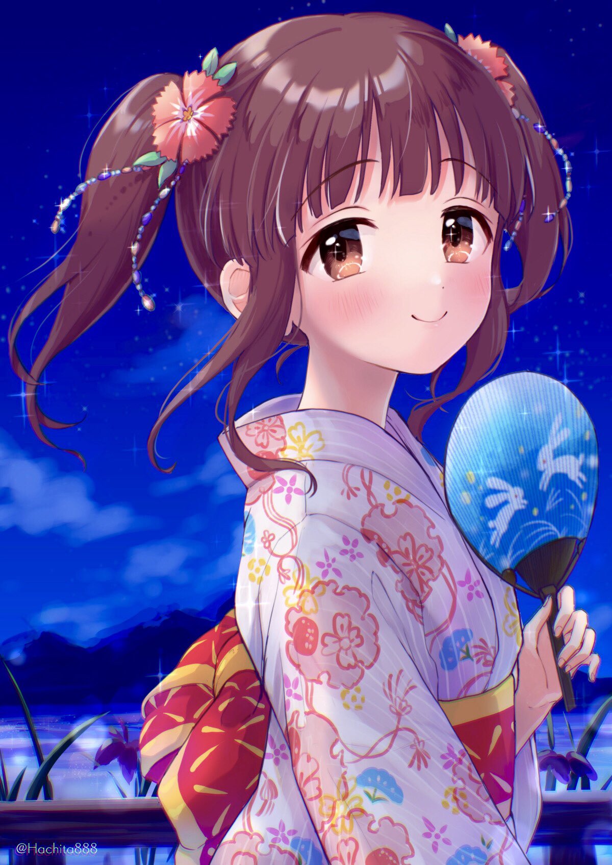1girl brown_eyes brown_hair commentary_request floral_print hand_fan highres idolmaster idolmaster_cinderella_girls japanese_clothes kimono long_hair looking_at_viewer looking_to_the_side mitsuyahachiko night obi ogata_chieri paper_fan sash solo twintails upper_body