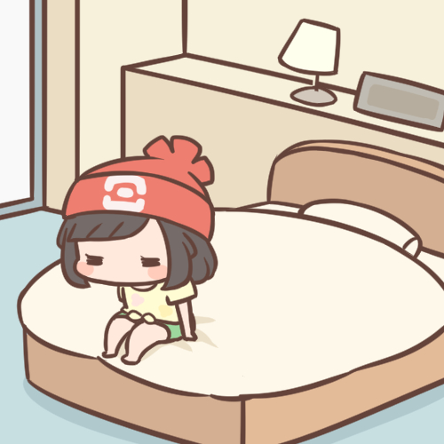 1girl bangs barefoot beanie bed blush_stickers cafe_(chuu_no_ouchi) chibi commentary_request green_shorts hat indoors lamp lowres medium_hair on_bed pillow pokemon pokemon_(game) pokemon_sm red_headwear selene_(pokemon) shirt short_sleeves shorts solo t-shirt tied_shirt yellow_shirt