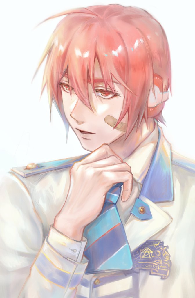 1boy ahoge arsloid bandaid bandaid_on_face bloom collared_shirt epaulettes expressionless hair_between_eyes hand_up headphones jacket lapel male_focus misu_(stepforme) necktie parted_lips red_eyes redhead shirt short_hair solo striped striped_neckwear upper_body vocaloid white_background white_jacket white_shirt