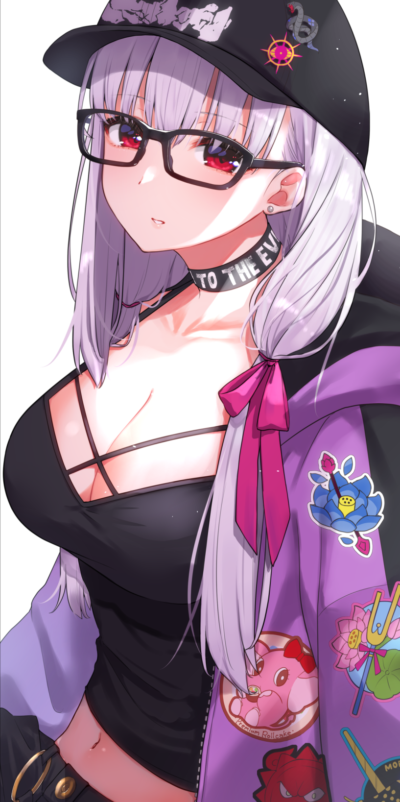 1girl bangs baseball_cap black_camisole blush breasts camisole choker fate/grand_order fate_(series) glasses hair_ribbon hat heroic_spirit_tour_outfit highres hood hooded_jacket jacket kama_(fate) large_breasts long_hair looking_at_viewer low_twintails purple_jacket red_eyes ribbon silver_hair twintails yamamura_umi