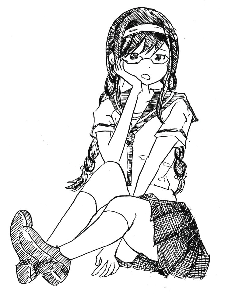 akemi_homura alternate_costume alternate_hairstyle bangs between_legs braid commentary_request ears_visible_through_hair eyebrows_visible_through_hair glasses hair_tie hairband hand_between_legs hand_on_own_face hatching_(texture) kneehighs linear_hatching mahou_shoujo_madoka_magica mary_janes monochrome neckerchief open_mouth pleated_skirt school_uniform semi-rimless_eyewear serafuku shoes short_sleeves sidelocks simple_background sitting skirt twin_braids under-rim_eyewear user_xeem5247 white_background