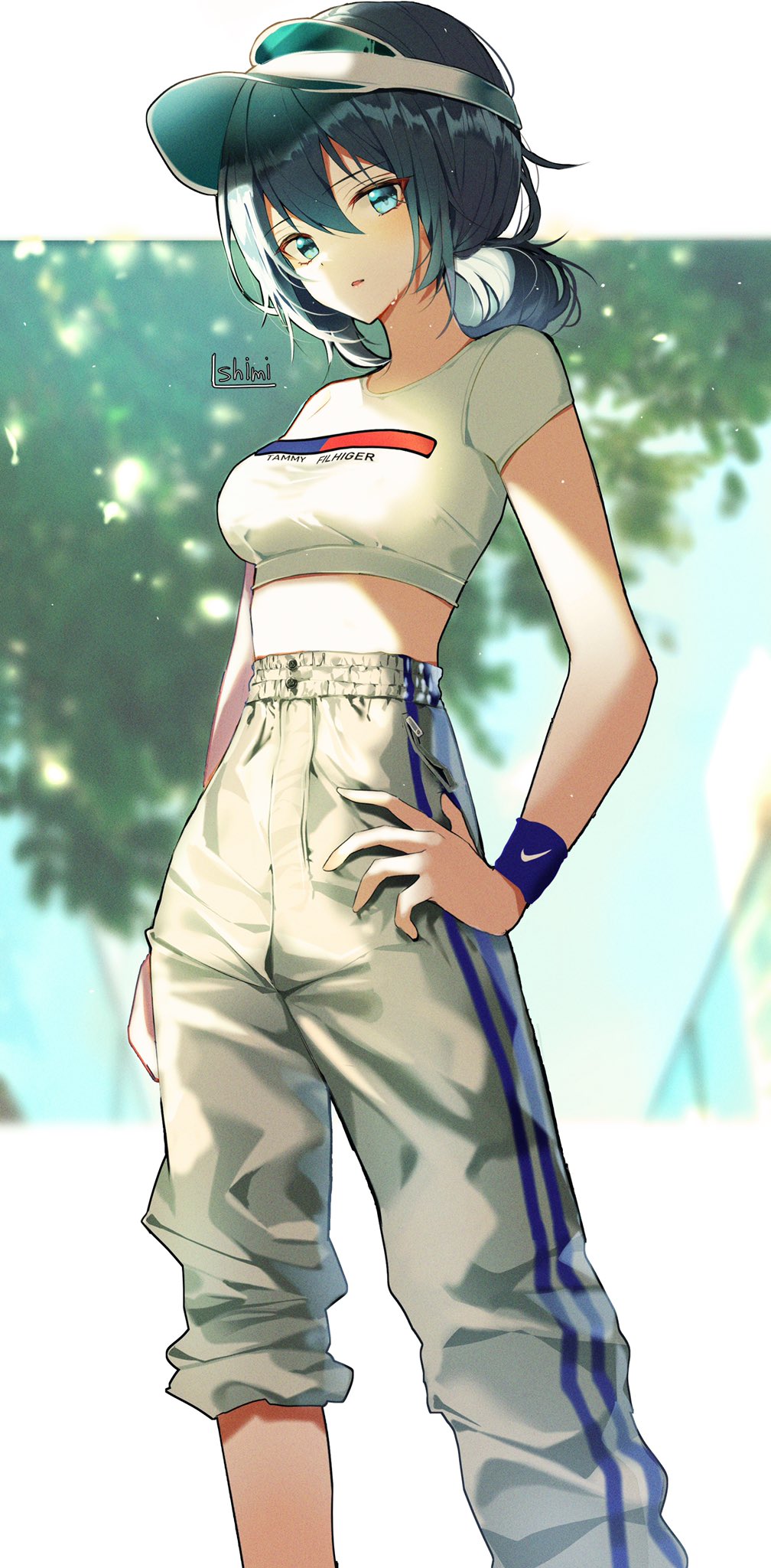 1girl black_hair blue_eyes borrowed_character breasts crop_top grey_pants hand_on_hip high-waist_pants highres icebox46 long_hair looking_at_viewer medium_breasts midriff original pants parted_lips shirt short_sleeves solo standing sweat track_pants visor_cap white_shirt yokoyama_ishimi