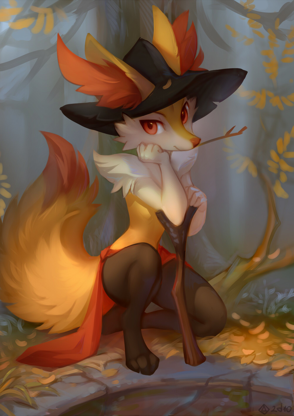 1girl 2d10art animal_ear_fluff animal_ears animal_nose artist_name barefoot black_fur black_headwear body_fur braixen clenched_hand closed_mouth clothed_pokemon commentary day ears_through_headwear english_commentary flat_chest fox_ears fox_girl fox_tail full_body furry gen_6_pokemon grass hands_up hat head_rest highres kneeling loincloth looking_at_viewer mouth_hold one_knee outdoors paws pokemon pokemon_(creature) red_eyes signature snout solo stick tail topless tree well white_fur yellow_fur