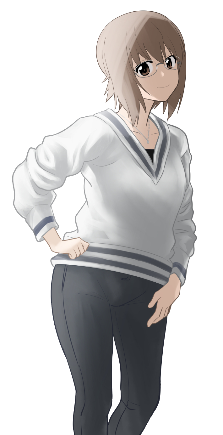 1girl bangs bespectacled black_pants brown_eyes brown_hair casual closed_mouth commentary_request cowboy_shot girls_und_panzer glasses hand_on_hip highres long_sleeves looking_at_viewer nishizumi_maho pants rimless_eyewear saitou_gabio shirt short_hair simple_background smile solo standing v-neck white_background white_shirt