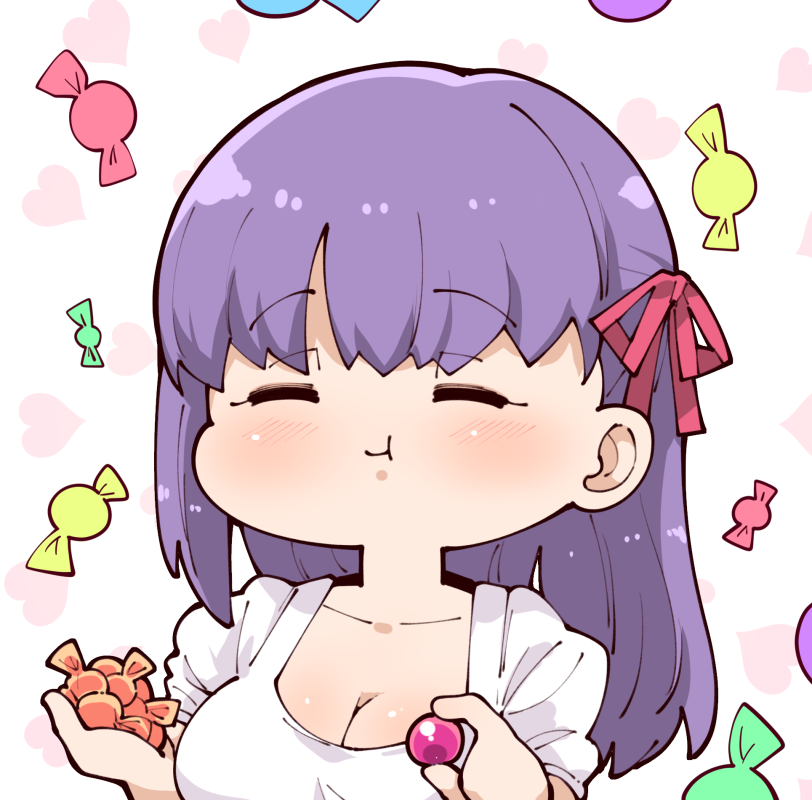 1girl :t blush candy chibi closed_eyes dress eating eyebrows_visible_through_hair facing_viewer fate/stay_night fate_(series) food hair_ribbon holding holding_candy holding_food long_hair matou_sakura puffy_short_sleeves puffy_sleeves purple_hair red_ribbon ribbon short_sleeves smile solo symbol_commentary takato_kurosuke upper_body white_dress