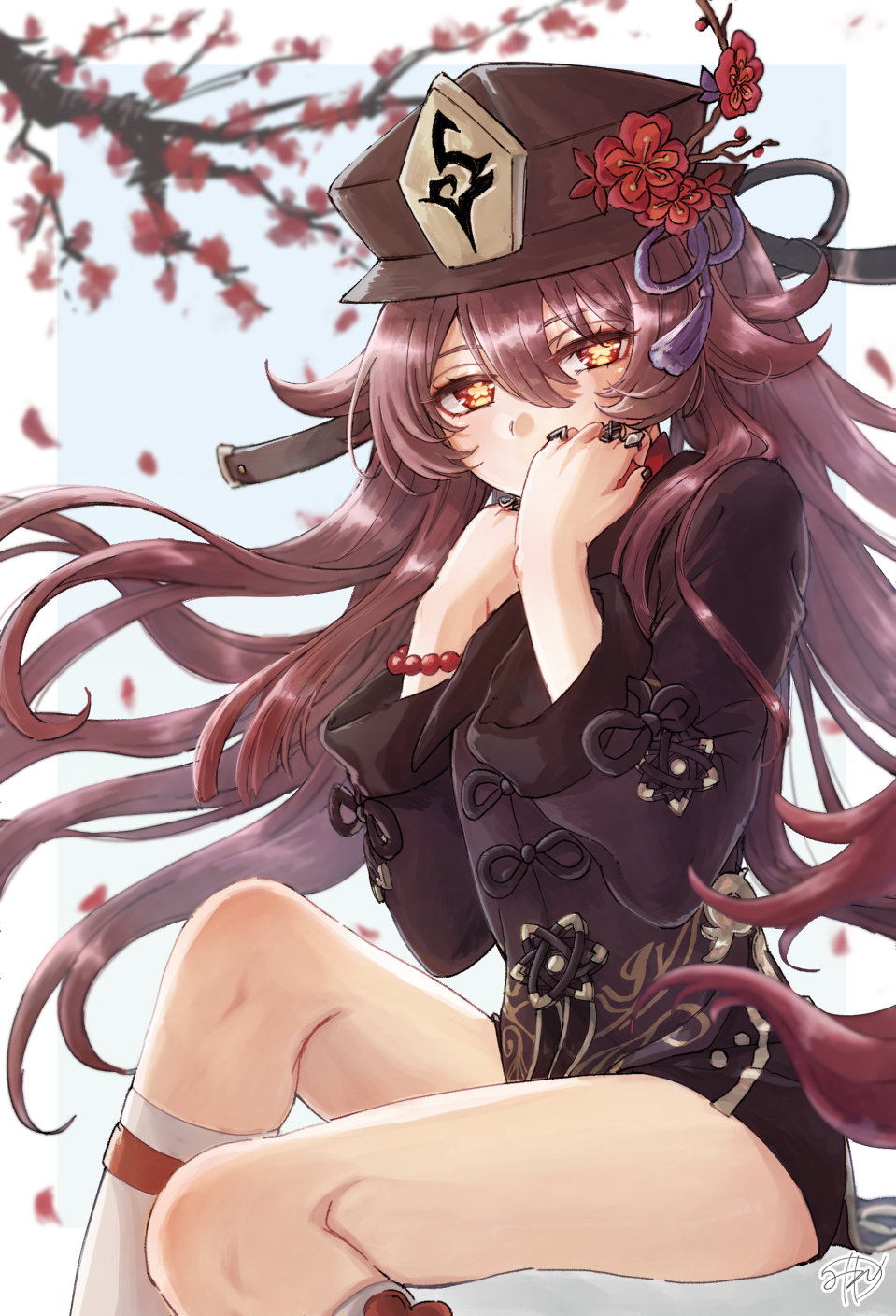 1girl bangs black_shorts blurry brown_hair chinese_clothes commentary_request depth_of_field eyebrows_visible_through_hair flower genshin_impact hair_between_eyes hat hat_flower hat_ornament highres hotoritan hu_tao_(genshin_impact) kneehighs long_hair long_sleeves looking_at_viewer petals red_eyes shorts sidelocks sitting solo symbol-shaped_pupils tree twintails white_legwear wind