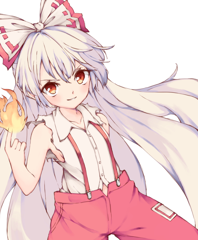 1girl bangs bow buttons collared_shirt cycloneyukari fire fujiwara_no_mokou grin hair_bow index_finger_raised long_hair looking_at_viewer multicolored_bow pants pyrokinesis red_bow red_eyes red_pants shirt simple_background smile solo suspenders torn_clothes torn_sleeves touhou v-shaped_eyebrows very_long_hair white_background white_bow white_hair white_shirt