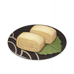 artist_request commentary english_commentary food food_focus genshin_impact leaf lowres muted_color no_humans official_art omelet plate still_life tamagoyaki third-party_source transparent_background