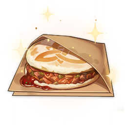 artist_request commentary english_commentary food food_focus genshin_impact lowres meat mora_meat_(genshin_impact) no_humans official_art paper pastry sauce sparkle still_life symbol third-party_source transparent_background