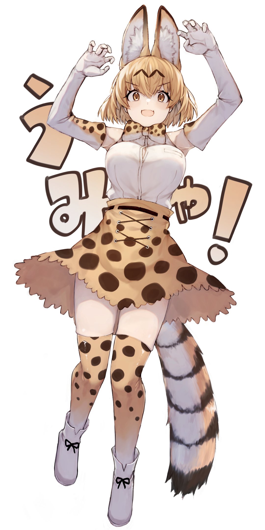1girl animal_ears bare_shoulders blonde_hair boots bow bowtie cat_ears cat_girl cat_tail commentary elbow_gloves extra_ears eyebrows_visible_through_hair f2uk9u full_body gloves high-waist_skirt highres kemono_friends looking_at_viewer print_gloves print_neckwear print_skirt serval_(kemono_friends) serval_print shirt short_hair skirt sleeveless solo tail thigh-highs translation_request white_footwear white_shirt yellow_eyes zettai_ryouiki