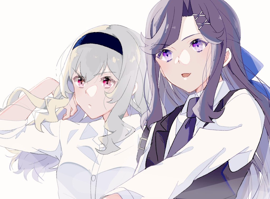 2girls bangs black_hairband black_neckwear black_vest blonde_hair collared_shirt commentary_request eyebrows_visible_through_hair frown hair_ornament hairband long_hair long_sleeves multiple_girls necktie nijiko_(c2cs4q) open_mouth pink_eyes purple_hair saijou_claudine shirt shoujo_kageki_revue_starlight simple_background sleeves_rolled_up smile tendou_maya upper_body v-shaped_eyebrows vest violet_eyes white_background white_shirt x_hair_ornament