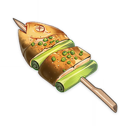 artist_request commentary english_commentary fang fish food_focus genshin_impact lowres no_humans official_art open_mouth shiny skewer spring_onion still_life third-party_source transparent_background x_x