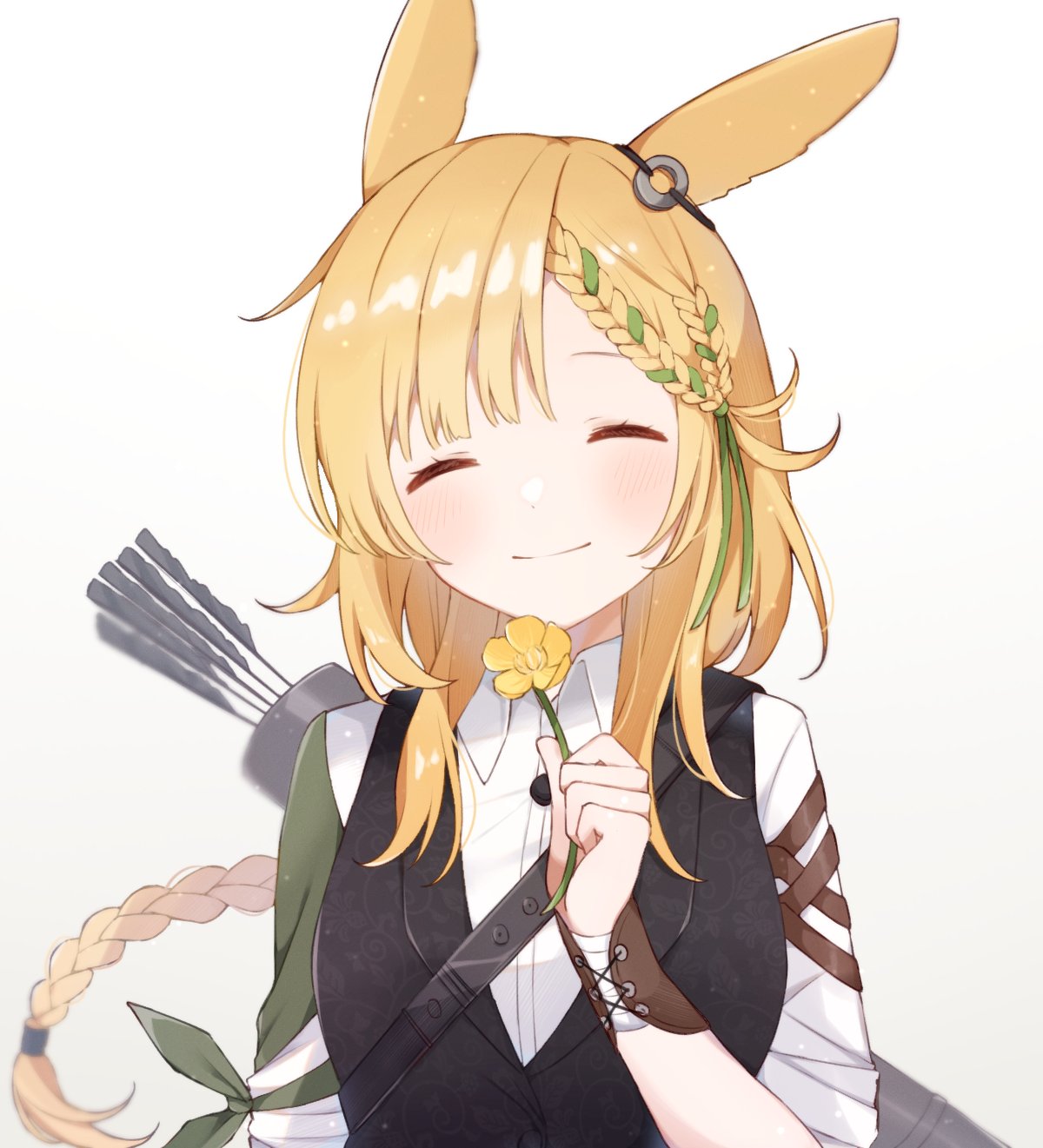 1girl ^_^ animal_ears arknights arrow_(projectile) bangs black_skirt black_vest blonde_hair braid closed_eyes closed_mouth collared_shirt commentary cowboy_shot facing_viewer flower green_hair highres holding holding_flower kroos_(arknights) long_hair multicolored_hair nano_mochi official_alternate_costume quiver rabbit_ears shirt short_sleeves single_braid skirt smile solo two-tone_hair very_long_hair vest white_background white_shirt yellow_flower