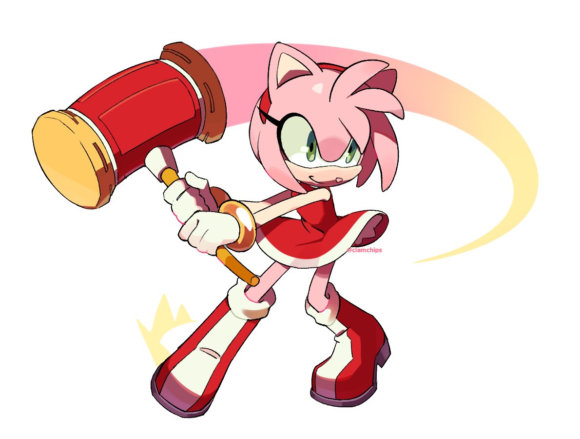 1girl amy_rose boots bracelet clamchips dress full_body furry gloves green_eyes hairband hammer holding holding_hammer jewelry piko_piko_hammer red_dress red_footwear red_hairband simple_background smile solo sonic_(series) twitter_username white_background white_gloves