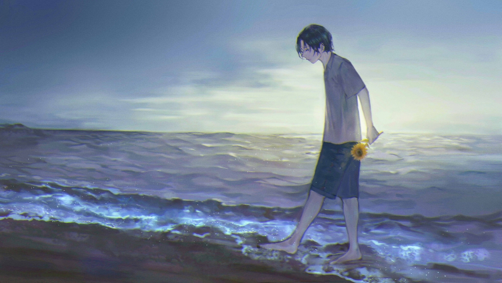 1boy barefoot beach black_hair ckr4.8_(shiren) flower full_body holding holding_flower male_focus ocean original shirt shorts t-shirt walking waves