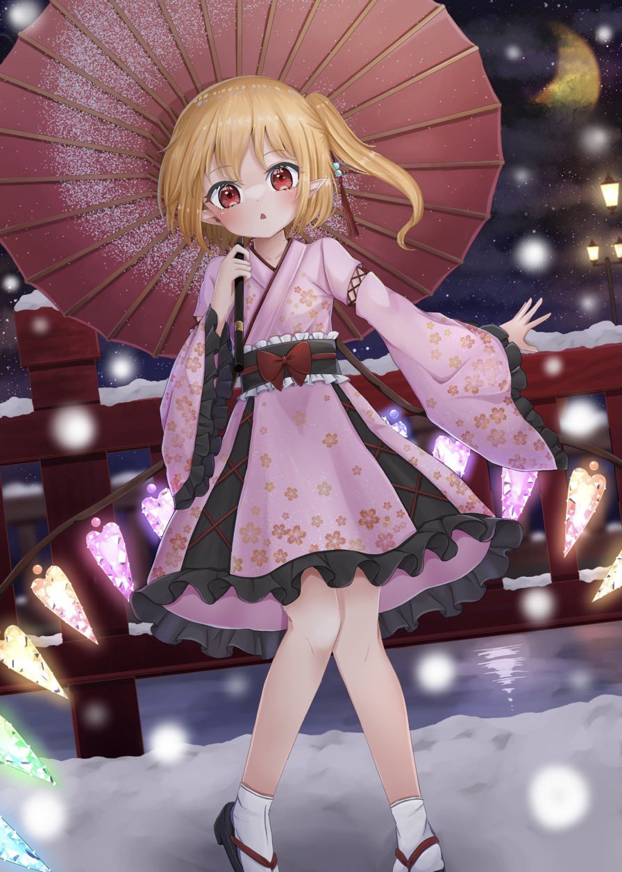 1girl :o alternate_costume arm_up bangs blonde_hair blush bow breath bridge chestnut_mouth clouds cloudy_sky collarbone commentary_request crescent_moon cross-laced_clothes crystal dot_nose flandre_scarlet flat_chest floral_print frilled_sleeves frills highres holding holding_umbrella japanese_clothes kimono lamppost long_sleeves looking_at_viewer moon multicolored_wings night no_hat no_headwear obi oil-paper_umbrella one_side_up open_mouth pink_kimono pointy_ears red_bow red_eyes red_ribbon reflection remitei03 ribbon sandals sash short_hair short_kimono side_ponytail sky snow snowing socks solo standing touhou umbrella water white_legwear wide_sleeves wings