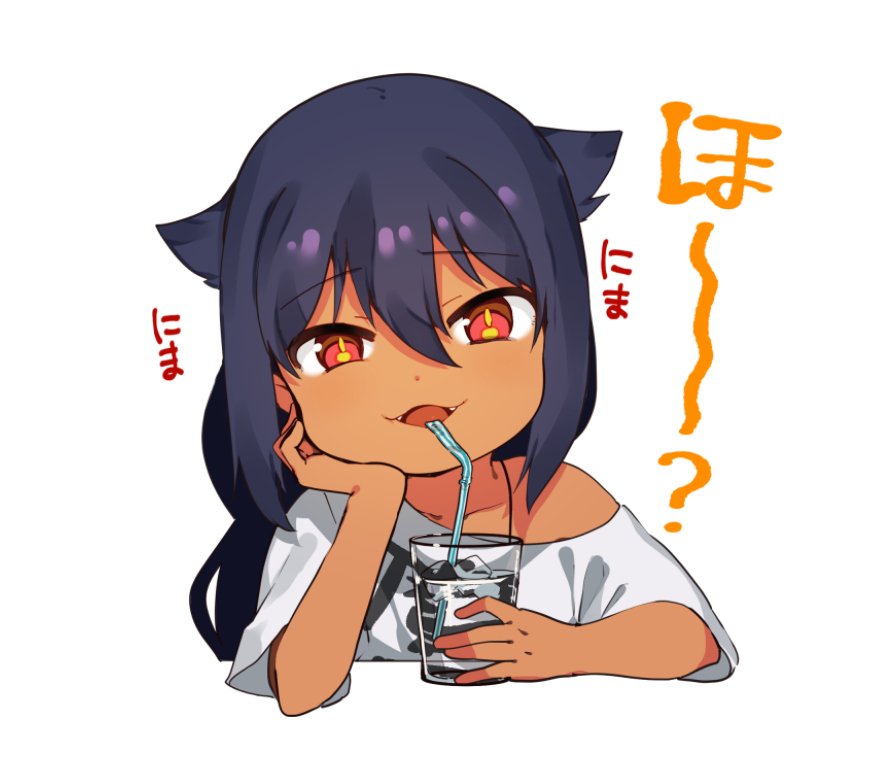 1girl black_hair cropped_torso cup dark-skinned_female dark_skin drinking_glass drinking_straw fangs hair_flaps hair_ribbon jahy jahy_sama_wa_kujikenai konbu_wakame long_hair looking_at_viewer red_eyes ribbon shirt short_sleeves smile smug solo thigh_strap white_shirt