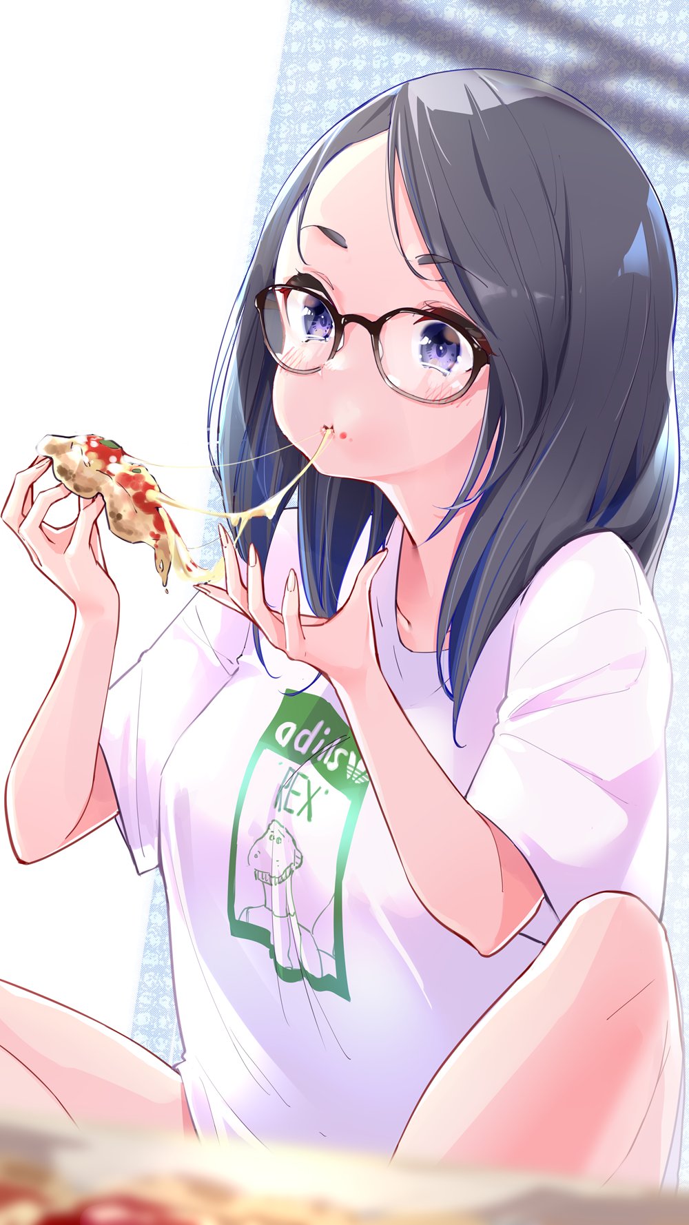 1girl adidas animification black_hair blue_eyes breasts cheese_trail eating food glasses highres holding holding_food kson looking_down medium_breasts medium_hair open_hand pizza print_shirt real_life rex_(toy_story) shirt solo t-shirt toy_story yuyaiyaui