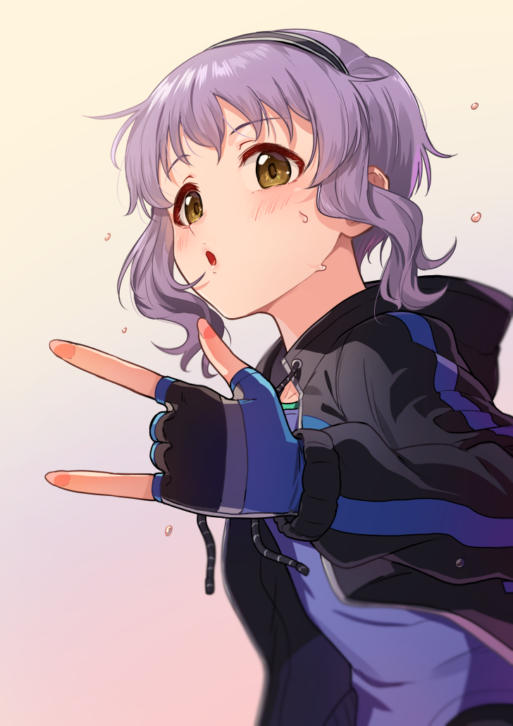 1girl :o black_hairband black_hoodie blue_shirt drawstring hairband hood hood_down hoodie idolmaster idolmaster_million_live! kamille_(vcx68) looking_at_viewer makabe_mizuki open_clothes open_hoodie open_mouth purple_hair shirt short_hair sidelocks sweat upper_body w yellow_eyes