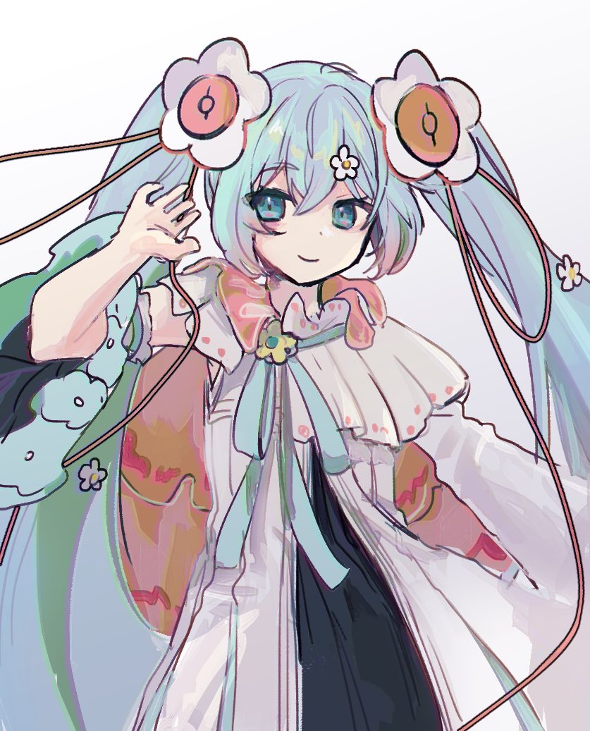 1girl aqua_eyes aqua_flower aqua_hair aqua_ribbon cable cape commentary detached_sleeves dress flower hair_flower hair_ornament hand_up hatsune_miku ishitsuki_(_0101_831) long_hair looking_to_the_side magical_mirai_(vocaloid) medallion neck_ribbon ribbon smile solo speaker standing twintails upper_body very_long_hair vocaloid white_cape white_dress white_flower wide_sleeves