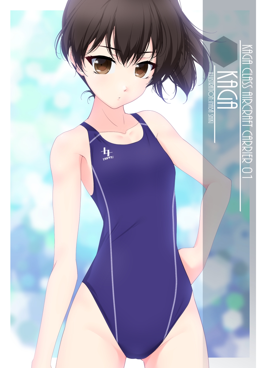 1girl alternate_breast_size artist_name breasts brown_eyes brown_hair character_name clothes_writing collarbone competition_swimsuit cowboy_shot highres inaba_shiki kaga_(kancolle) kantai_collection logo long_hair looking_at_viewer one-hour_drawing_challenge one-piece_swimsuit side_ponytail small_breasts solo standing swimsuit