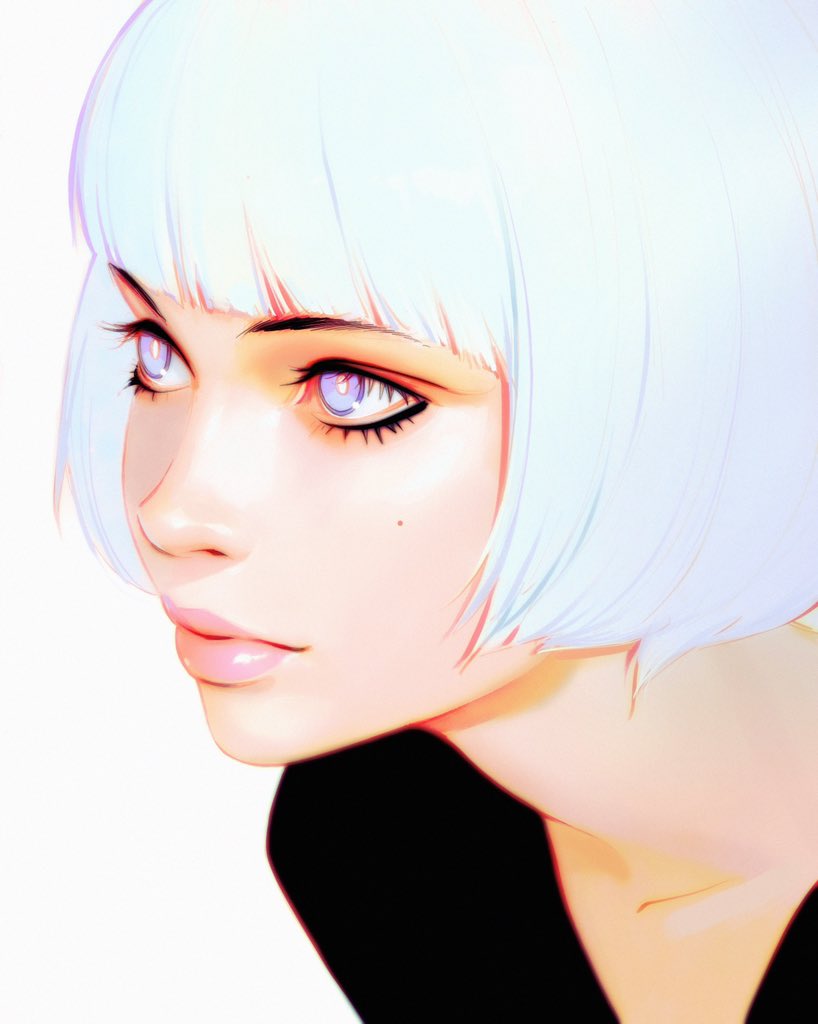 1girl bangs blue_eyes blunt_bangs close-up closed_mouth face ilya_kuvshinov lips mole_on_cheek original short_hair solo white_background white_hair