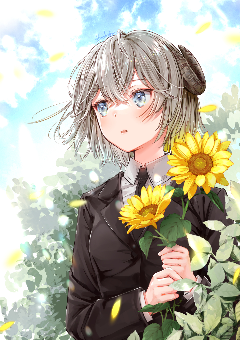 1girl akasaka_asa bangs black_jacket black_neckwear blue_eyes borrowed_character collared_shirt commentary_request curled_horns day eyebrows_visible_through_hair flower grey_hair hair_between_eyes highres holding holding_flower horns jacket long_sleeves looking_away looking_to_the_side necktie original outdoors parted_lips shirt signature solo sunflower upper_body white_shirt yellow_flower