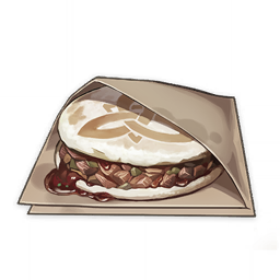 artist_request commentary english_commentary food food_focus genshin_impact lowres meat mora_meat_(genshin_impact) muted_color no_humans official_art paper pastry sauce still_life symbol third-party_source transparent_background