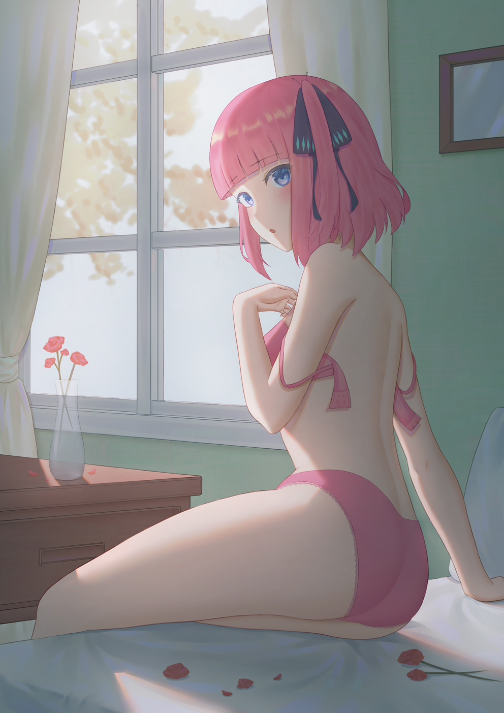 1girl ass bangs bed bedroom blue_eyes blunt_bangs blush bra breasts butterfly_hair_ornament curtains eyebrows_visible_through_hair flower from_behind go-toubun_no_hanayome hair_ornament hair_ribbon hand_on_own_chest highres looking_at_viewer looking_back nakano_nino nightstand on_bed open_bra open_mouth panties petals pillow pink_bra pink_hair pink_panties ribbon rose rose_petals short_hair sitting solo sunlight underwear underwear_only vase window yihsien