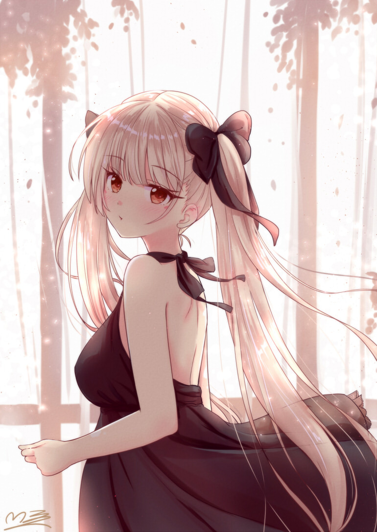 1girl azur_lane backless_dress backless_outfit bangs bare_arms bare_shoulders black_dress black_ribbon blunt_bangs blush breasts clenched_hand cocktail_dress commentary_request dress eyebrows eyebrows_visible_through_hair formidable_(azur_lane) frilled_dress frills from_side hair_ribbon head_tilt large_breasts long_hair looking_at_viewer m_ko_(maxft2) outdoors platinum_blonde_hair pout red_eyes ribbon shiny shiny_hair sidelocks signature simple_background solo tree twintails very_long_hair