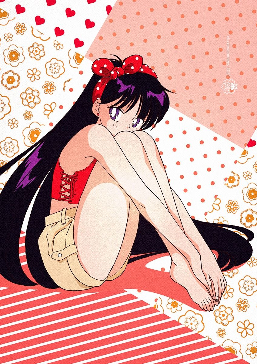 1990s_(style) 1girl bangs barefoot bishoujo_senshi_sailor_moon black_eyes black_hair earrings hands_on_feet hands_together highres hino_rei jewelry knees_up legs_together long_hair official_art retro_artstyle scan shorts sitting solo stud_earrings very_long_hair