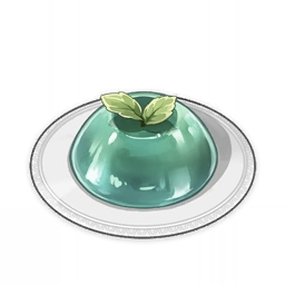 artist_request commentary dessert english_commentary food food_focus genshin_impact green_theme jelly leaf lowres mint muted_color no_humans official_art plate shiny still_life third-party_source transparent_background