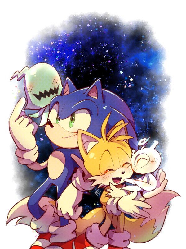 2boys :d ^_^ ^o^ blush closed_eyes closed_mouth fox_boy furry gloves green_eyes misuta710 multiple_boys multiple_tails open_mouth smile sonic_(series) sonic_colors sonic_the_hedgehog tail tails_(sonic) two_tails white_gloves wisp_(sonic)