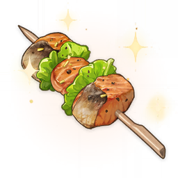 artist_request commentary english_commentary fish food food_focus genshin_impact lettuce lowres mondstadt_grilled_fish_(genshin_impact) no_humans official_art pepper skewer sparkle still_life third-party_source transparent_background