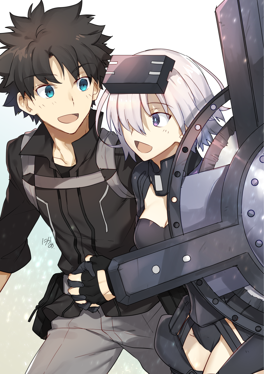 1boy 1girl armor armored_dress bangs black_armor black_gloves black_hair black_shirt blue_eyes breasts commentary_request eyebrows_visible_through_hair fate/grand_order fate_(series) fingerless_gloves fujimaru_ritsuka_(male) gloves grey_pants hair_over_one_eye highres holding holding_hands holding_shield holding_weapon looking_at_another mash_kyrielight medium_breasts nikame one_eye_covered open_mouth ortenaus pants pink_hair pointy_hair polar_chaldea_uniform shield shirt short_hair signature smile uniform violet_eyes weapon