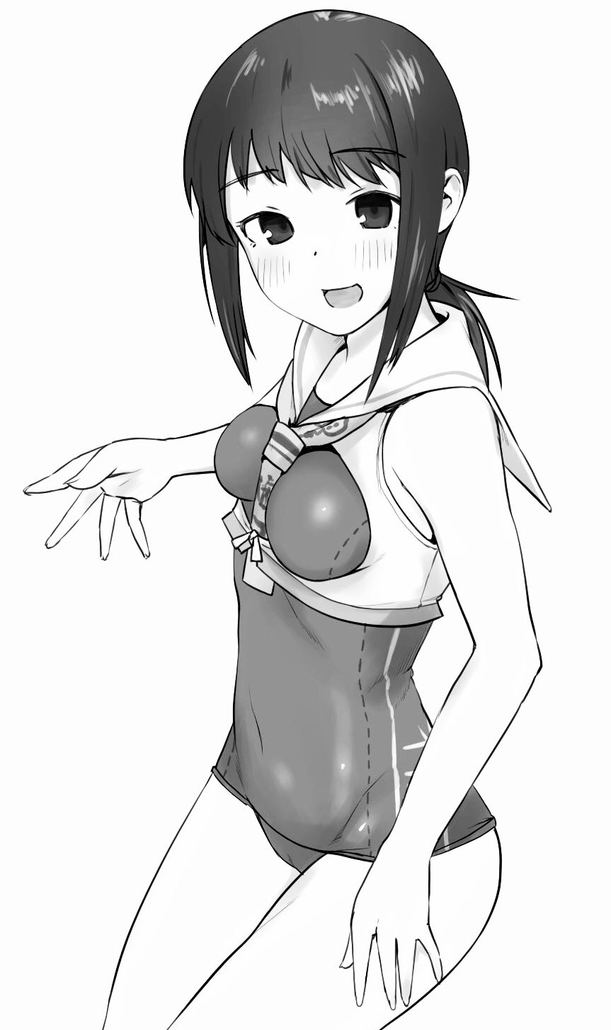 1girl between_breasts breasts cosplay cowboy_shot framed_breasts fubuki_(kancolle) greyscale highres i-14_(kancolle) i-14_(kancolle)_(cosplay) kantai_collection long_hair looking_at_viewer low_ponytail monochrome neckerchief ponytail sakieko school_swimsuit short_ponytail sidelocks simple_background small_breasts solo swimsuit swimsuit_under_clothes