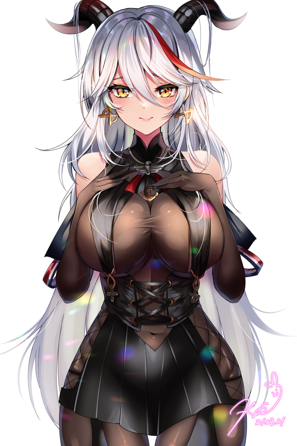 1girl aegir_(azur_lane) azur_lane bare_shoulders black_gloves black_skirt bodystocking breast_curtains breasts covered_navel cowboy_shot cross-laced_clothes dated demon_horns gloves hair_between_eyes hair_on_horn hands_on_own_chest highres horns iron_cross large_breasts long_hair looking_at_viewer miniskirt multicolored_hair navel redhead signature simple_background skirt streaked_hair taut_clothes thigh_gap two-tone_hair underbust very_long_hair white_background white_hair xes_(xes_5377) yellow_eyes